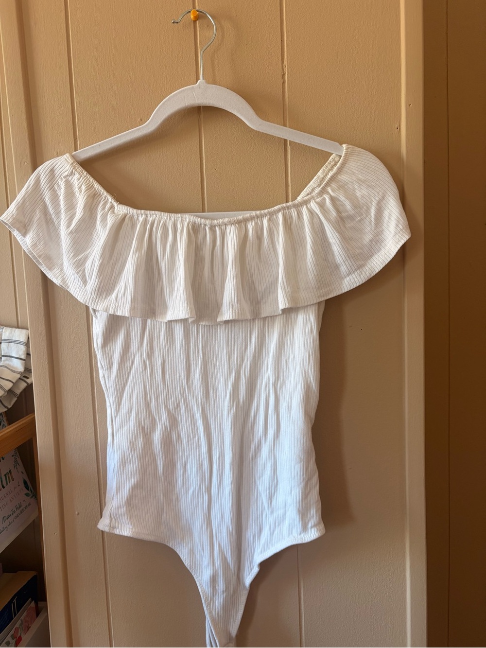 Abercrombie & Fitch White Off-Shoulder Ruffle Bodysuit